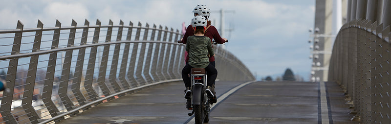 A mother rides a RadRunner Plus on a bridge with her child on the back.
