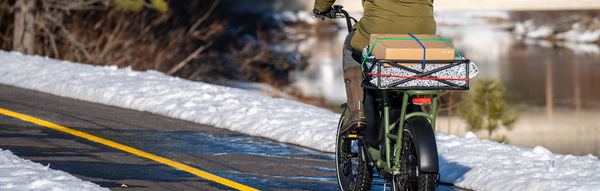 RadRunner ebike rides down a snowy road.