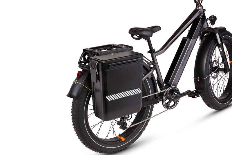 Hardshell locking pannier mounted to a Rad electric bike
