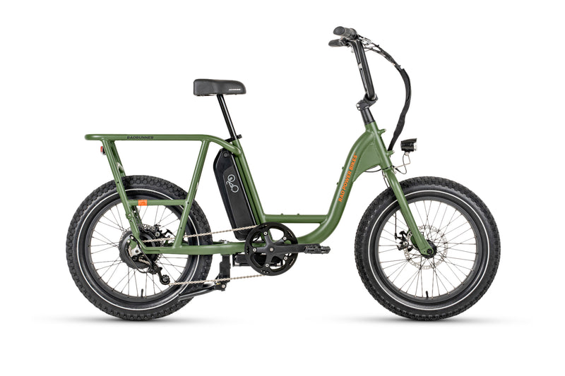 Right side view of the green RadRunner 2 electric utility bike