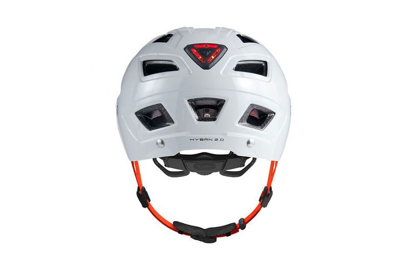 Back view of the ABUS Hyban 2.0 helmet with light, showing the gray helmet with an orange strap