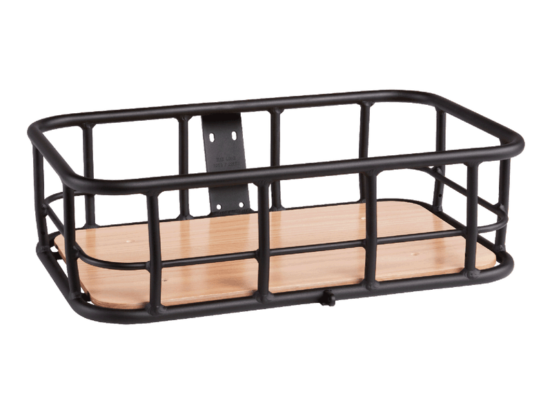 Rad Large Basket with black metal grid sides and a wood-paneled base