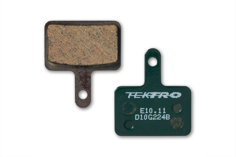 Replacement mechanical brake pads, which have metal backing and a pad on one side.
