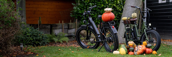 A RadRover 6 Plus and RadRunner 2 in a backyard during the fall. Multi-color pumpkins surround them and are placed on their saddle.