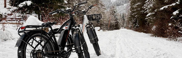 Two Rad Power Bikes stand in the snow.