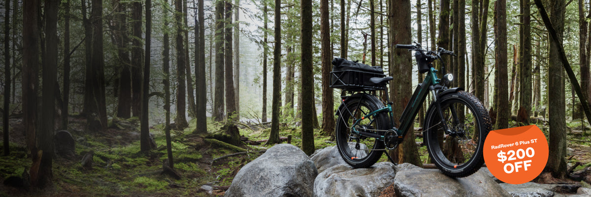 RadRover 6 Plus ST electic bike in the forest on top of rocks