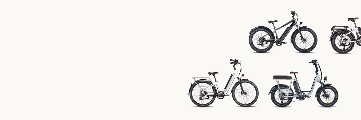 Off-white background with three Rad ebikes featured