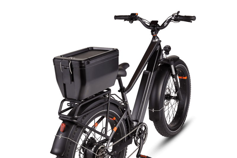 Hardshell locking box mounted on a RadRover electric fat tire bike