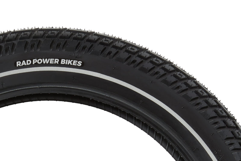 Ebike tire, 20" x 33" size, zoomed in to show Rad Power Bikes logo