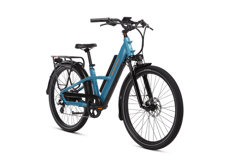 Angled side view of a Radster Road electric commuter bike, size large in bay blue