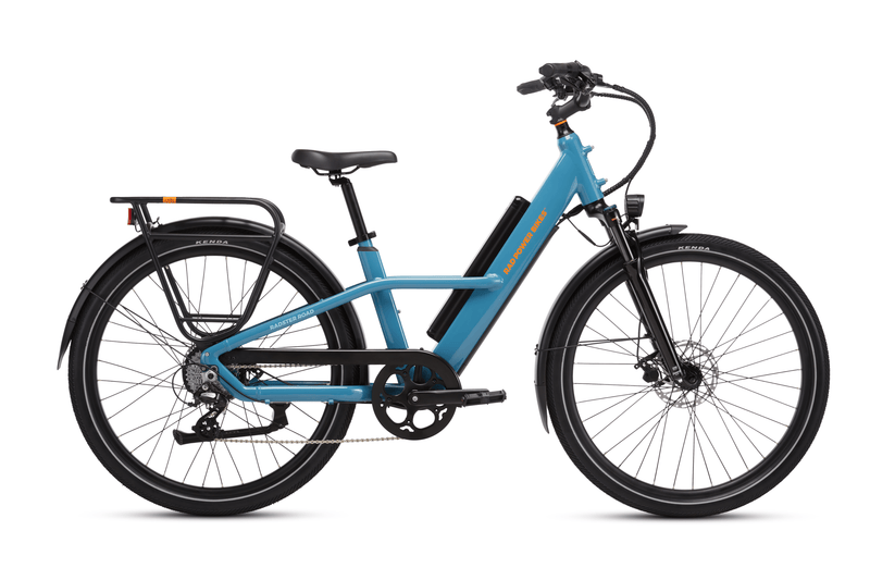 Right side view of a Radster Road electric commuter bike, size large in bay blue