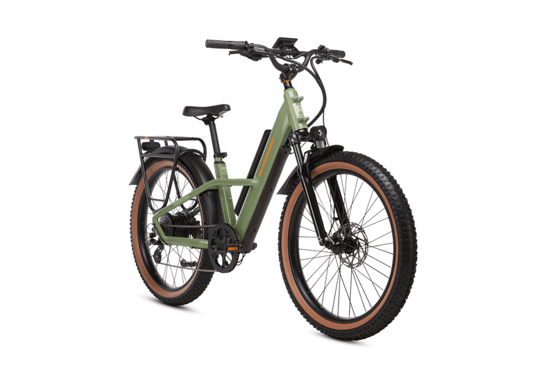 Angled side view of a Radster Trail electric commuter bike, size large in fir green
