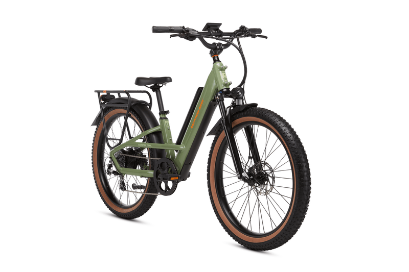 Angled side view of a Radster Trail electric commuter bike, size regular in fir green