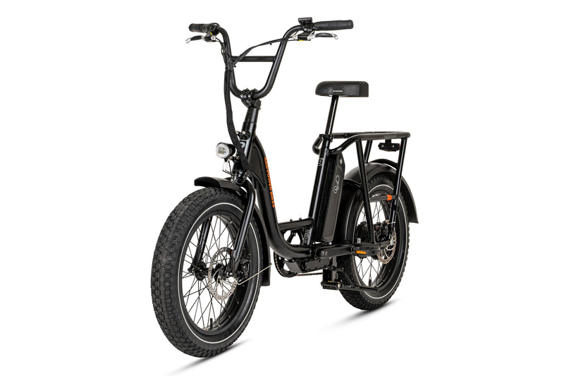 Angled left side view of the black RadRunner 2 electric utility bike