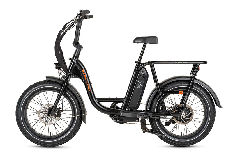Left side view of the black RadRunner 2 electric utility bike