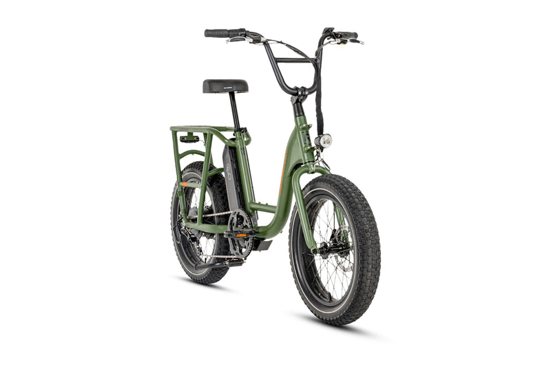 Angled right side view of the green RadRunner 2 electric utility bike