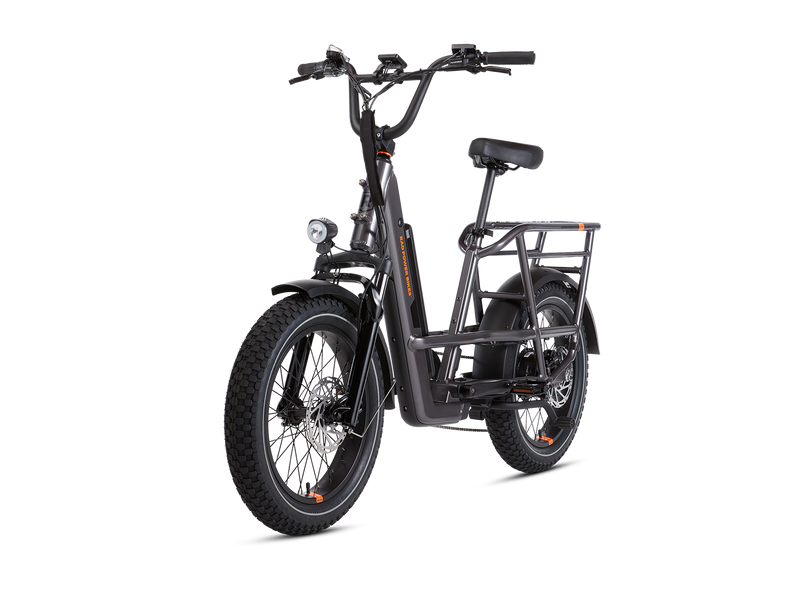 Angled left side view of a charcoal RadRunner 3 Plus electric utility bike