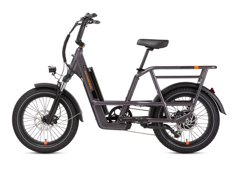 Left side view of a charcoal RadRunner 3 Plus electric utility bike