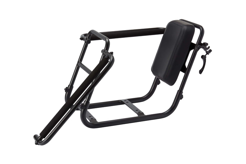 Metal frame with a padded backrest that allows smaller passengers to ride securely on the back of a RadRunner ebike. The armrest can be opened to make it easier to load and unload a passenger.