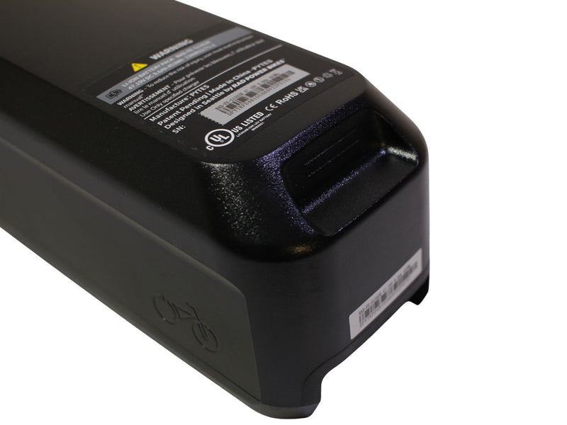 Black battery pack with visible branding on a white background