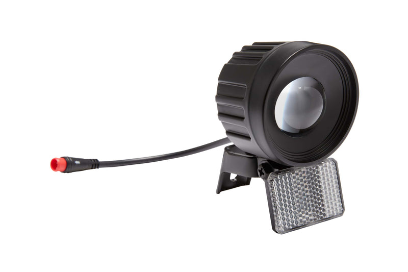 Replacement headlight for the RadWagon 5 electric cargo bike. Headlight is mounted in black plastic, with a reflector below the light and cable to connect it to the bike.
