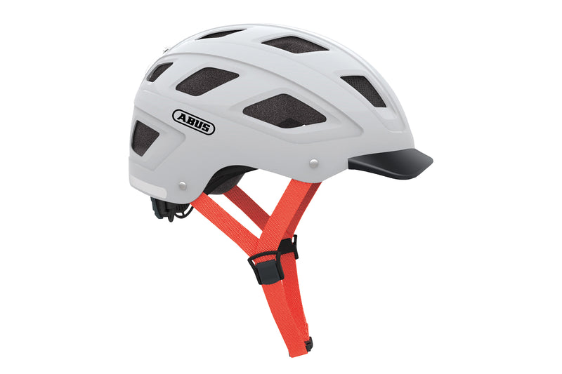 Side view of the ABUS Hyban 2.0 helmet in gray, with an orange strap