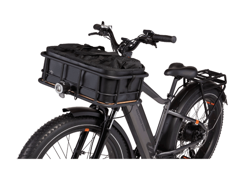 Large Front-Mounted Basket containing a basket roll top liner mounted on an electric bike